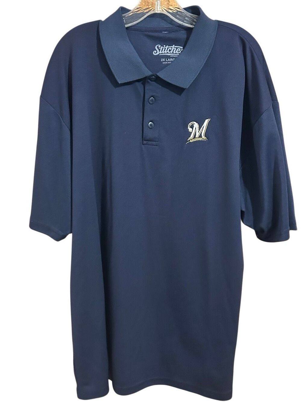 Stitches Milwaukee Brewers Fan Gear MLB Polo Shirt Mens 2XL Navy Blue M Logo